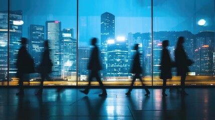 Silhouettes of people walking at night under warm golden city lights, creating a mysterious and cinematic atmosphere with long shadows and a sense of movement and urban energy.