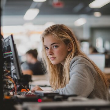 A young blonde woman attending an electronics class at the University