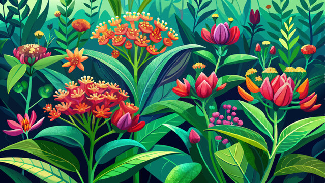 Colorful milkweed plants flourish in their natural surroundings, adorned with striking blossoms and vibrant green foliage, epitomizing the splendor of .
