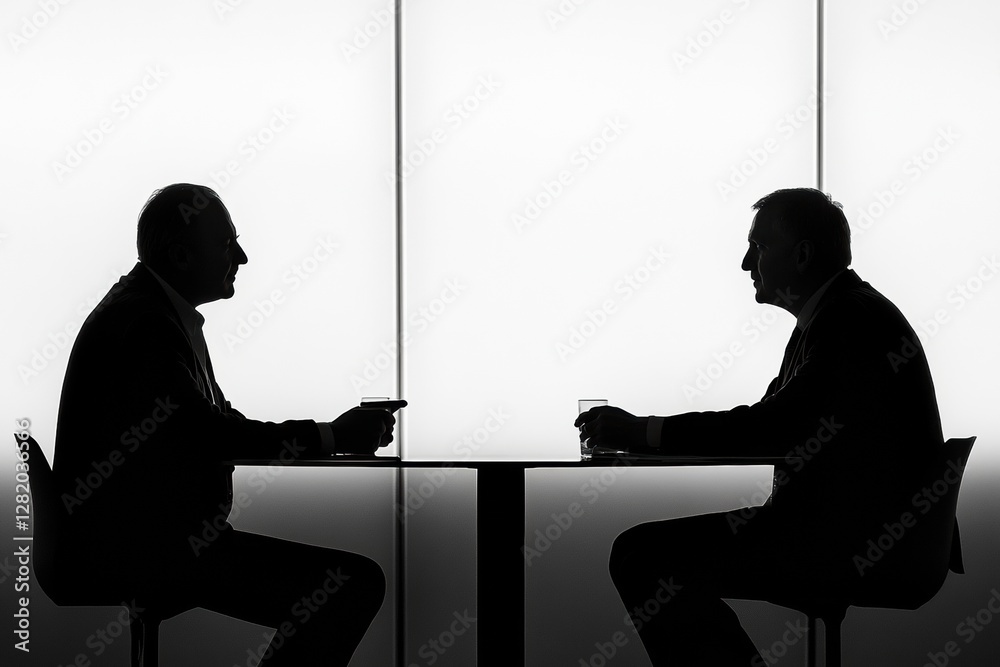 Aufkleber Executives discuss strategy while seated at a table in a modern office during evening hours. Generative AI