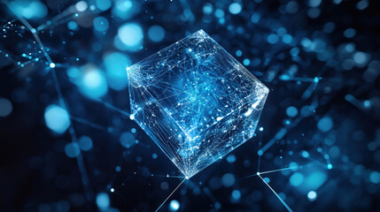Advanced digital data cube floating in cyberspace with glowing blue futuristic technology aesthetics