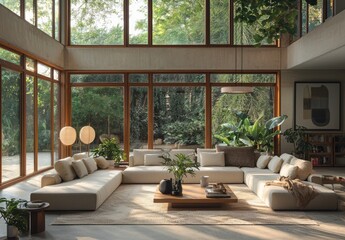 Fototapeta premium Bright and Airy Modern Living Room Surrounded by Lush Greenery
