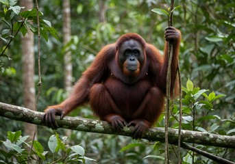 A thoughtful Bornean orangutan rests on a sturdy jungle branch, its reddish fur glowing in the sunlight. It gazes into the distance, surrounded by lush green leaves and hanging vines.