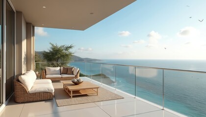 Fototapeta premium Luxurious modern apartment terrace with ocean view. Contemporary furnishing, stylish wicker furniture, comfort, relaxation at sea coast. Breathtaking scenic skyline, urban tower block setting, patio