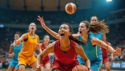 Diverse women basketball players in action highlight teamwork, athleticism. Female team during game shows power, sport spirit, intense emotions. Dynamic match action demonstrates competition,