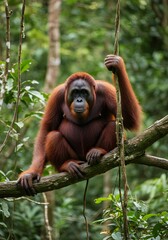 A serene Bornean orangutan sits atop a thick branch, its fiery red fur shimmering in the sun. Encircled by dense green foliage and trailing vines, it looks into the distance with deep wisdom