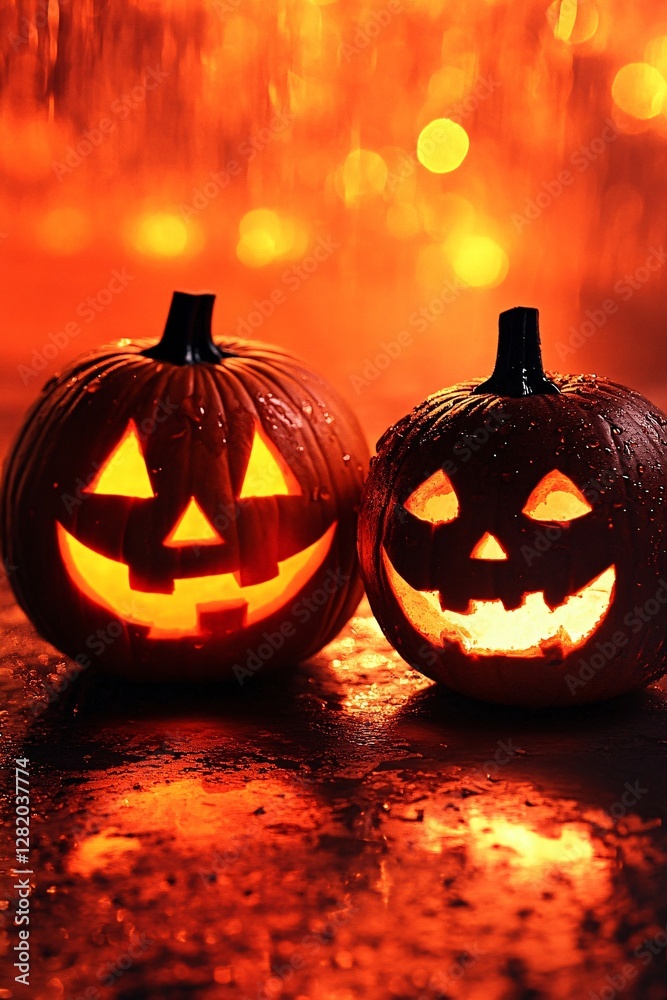 Aufkleber two carved pumpkins glowing on wet surface with red backdrop