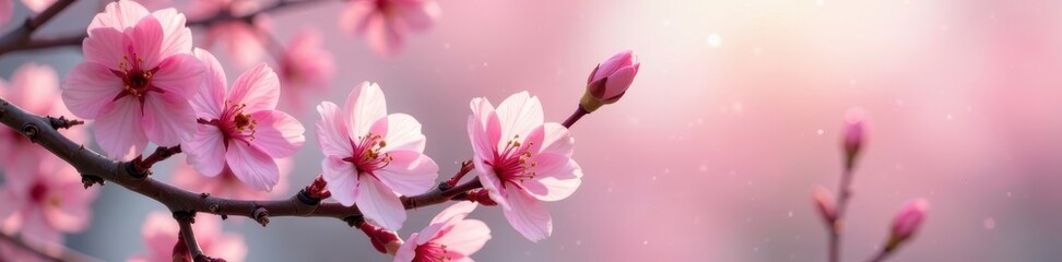 Soft pink petals unfold from white cherry blossom branches, delicate petals, serene landscape, floral arrangement
