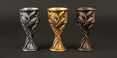 decorative championship cups for first, second, and third place