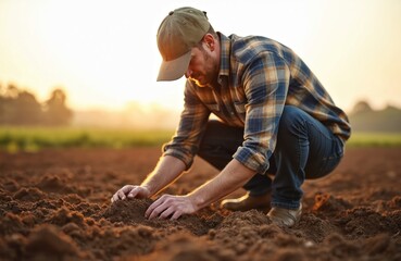 Farmer hands touch soil on field, checking health before planting. Man in farm clothes examines earth ground. Agriculture ecology concept. Fertile land cultivation. Agronomist studies soil