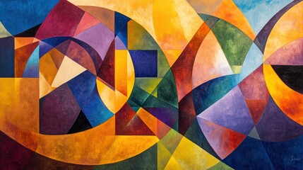 An abstract composition of bright, energetic colors and bold geometric shapes, displayed in a spacious contemporary gallery