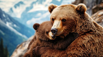 Obraz premium Adorable baby bear hugging its mother, affectionate and playful, warm fur contrast against cool mountain background