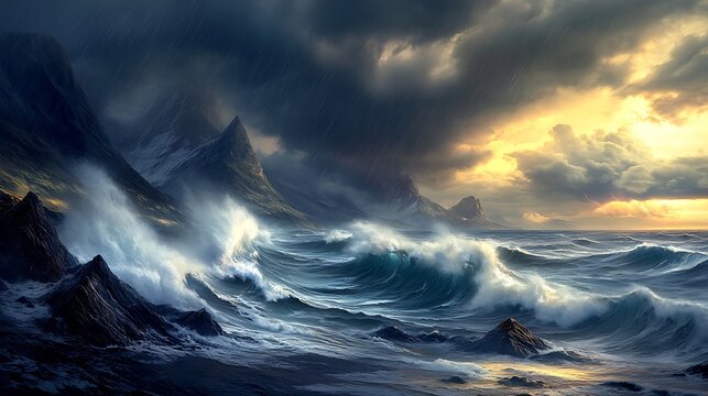 A dramatic stormy coastline with large waves crashing against jagged rocks, dark clouds rolling in, and dramatic lighting