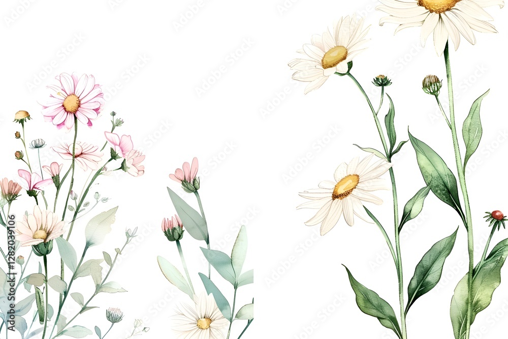 Poster on the right is a botanical watercolor illustration of daisy branches with white and pink flowers an