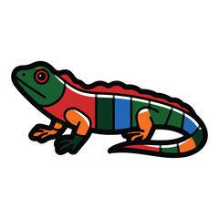 A vector graphic of a pet lizard with vibrant, colorful patterns. The lizard is sitting on a tree branch.