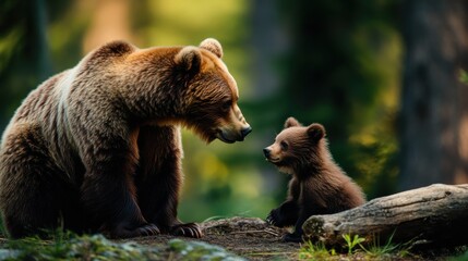 Obraz premium Baby bear learning from mother in the wilderness, observing and imitating, rich green background, powerful and natural storytelling