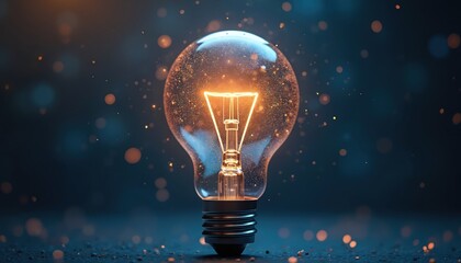 Glowing light bulb on dark background. Innovation, digital marketing concept. Creative idea for business growth. Futuristic tech with network connection. Metaphor of inspiration, success, solution.