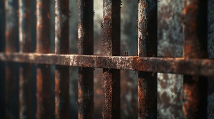 A close-up view of rusty metal bars in an old prison cell.