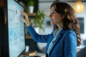 Businesswoman interacts with interactive display showing charts and graphs, analyzing data and strategizing.