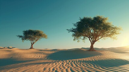 Fototapeta premium Two trees standing in a sandy desert under a clear blue sky.