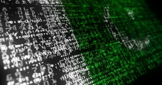 Pakistan USA flag waving secure code. Pakistani blowing banner cyber security attack and hack concept animation.