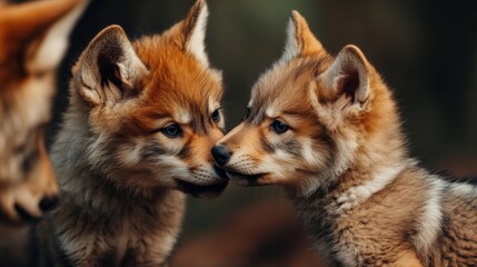 Fototapeta premium Baby wolves playing with their mother, joyful and energetic wildlife moment, soft focus background, immersive and realistic shot