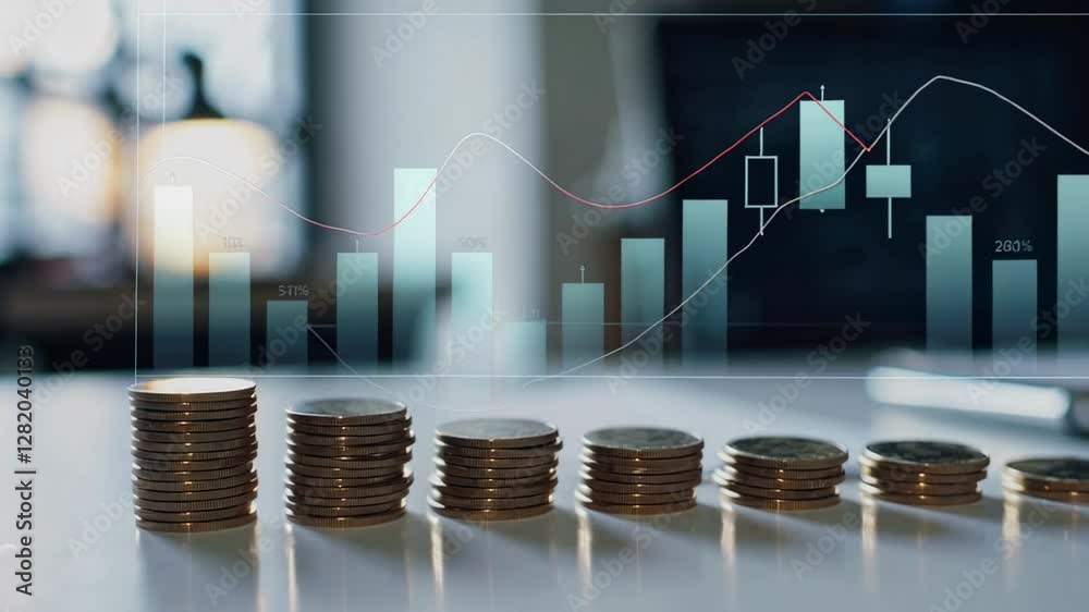 Poster finance concept showing increasing stacks of coins with a stock market chart in the background, symb