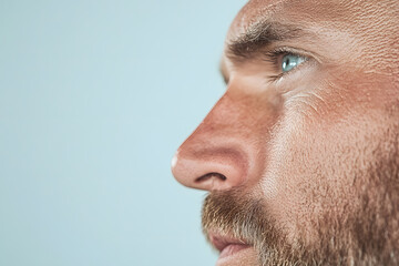 Intense gaze, profile view of a man with a beard, light blue eyes, and fair skin, set against a soft blue backdrop, captures depth and emotion.
