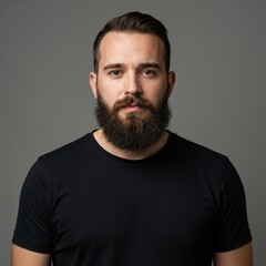 Fototapeta premium A man with a full beard and short hair, wearing a black t-shirt, standing against a plain gray background, looking directly at the camera with a neutral expression.