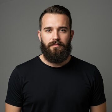 A man with a full beard and short hair, wearing a black t-shirt, standing against a plain gray background, looking directly at the camera with a neutral expression.

