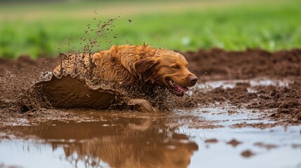 Golden Retriever Dog Joyfully Playing in Mud Puddle