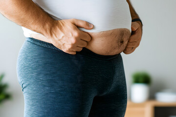 Midsection of a man pinching his stomach fat, wearing a white shirt and blue pants. Focus on body weight and health concerns.
