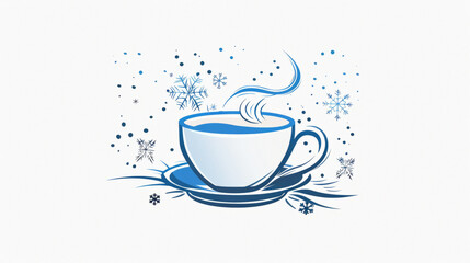 A stylized hot cup of coffee with steam, surrounded by delicate snowflakes on a white background. Cozy winter beverage concept