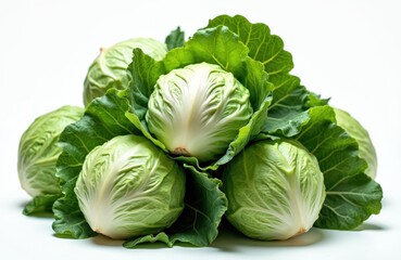 Obraz premium Group of fresh green cabbages isolated on white background. Healthy organic raw diet food ingredient from farm garden. Natural vegetarian nutrition close-up. Agriculture plant full of vitamins.
