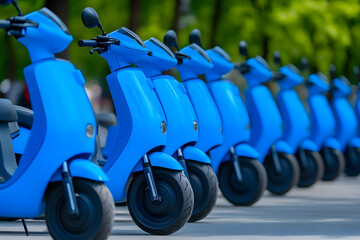 Obraz premium Row of blue electric scooters for shared urban transportation, offering a convenient and eco-friendly way to navigate the city streets.