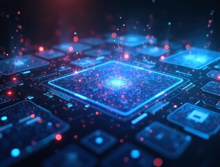 Obraz premium Futuristic holographic circuit board processing data stream in quantum computer