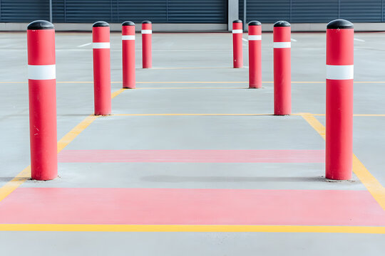 Parking lot with red bollards. Provides safety and defines parking spaces. Functional design for organized vehicle placement.
