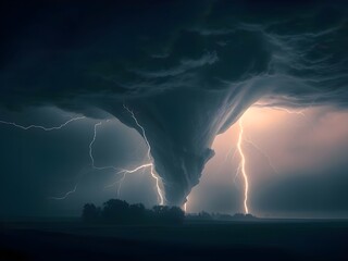 dramatic and powerful tornado. Lightning thunderstorm flash over the night sky. Concept on topic weather, cataclysms (hurricane, Typhoon, tornado, storm). Stormy Landscape