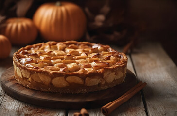 Apple pie sits on a wooden table surrounded by pumpkins and autumn decor in a cozy setting