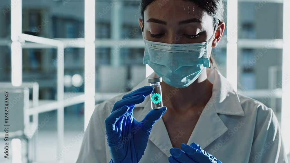 Poster professional scientist performing precise viral sample examination, wearing protective mask and glov