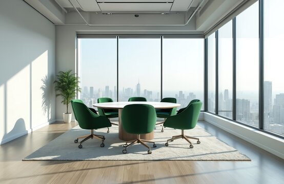 Minimalist office conference room features round table, green chairs, overlooking cityscape. Modern interior design with glass wall, panoramic city view. Bright, clean, professional workspace for