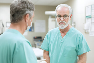 Obraz premium Medical professionals in scrubs. A mature doctor with glasses and a beard engages with a colleague, possibly discussing patient care.