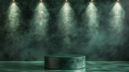 Obraz premium Sophisticated Glossy Dark Green Podium Positioned Against a Matte Forest Green Wall Background Accented by Directional Spotlights for a Bold Product Exhibition