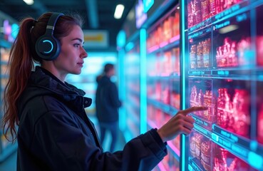 Young woman uses interactive screen in futuristic neon shop. Girl chooses products, buys groceries, drinks with modern interface. Touchscreen showcase, digital retail, ai purchase. Customer uses