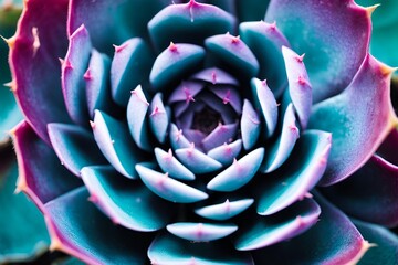 Obraz premium Succulent cactus background. Close up of teal and purple succulent cactus leaves texture wallpaper. Printable wall art. 