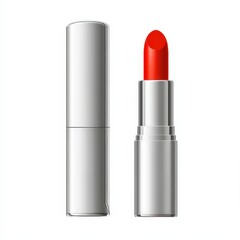 A bright red lipstick in a sleek silver tube, showcasing a vibrant color ideal for bold makeup looks.