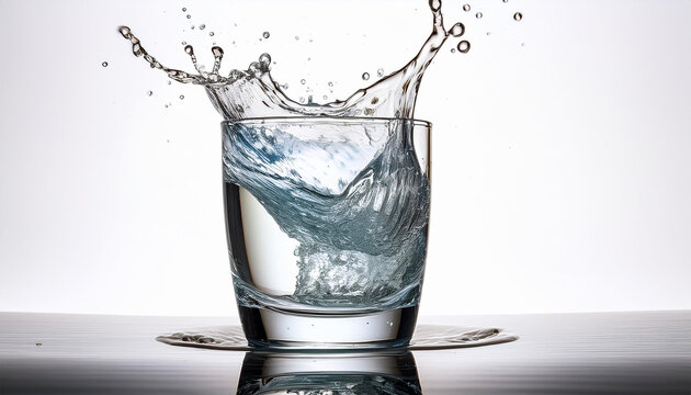 a single glass of water sits on a white background with water splashing out of the glass as if something were dropped into it the splash creates a dramatic dynamic scene