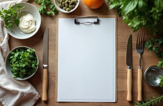 Blank white paper menu on wooden table surrounded by fresh greenery, herbs, spices. Clean minimalist mock-up for culinary business, gastronomy, food industry, cafe, restaurant promotions, advertising.