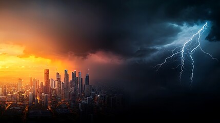 Obraz premium Dramatic skyline transition from sunset to storm with lightning striking over city buildings