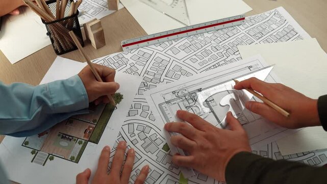 Smart architect and safety engineer discussion about building blueprint on table with architectural document, measurement tools and wooden block scatter around at modern office. Closeup. Delineation.